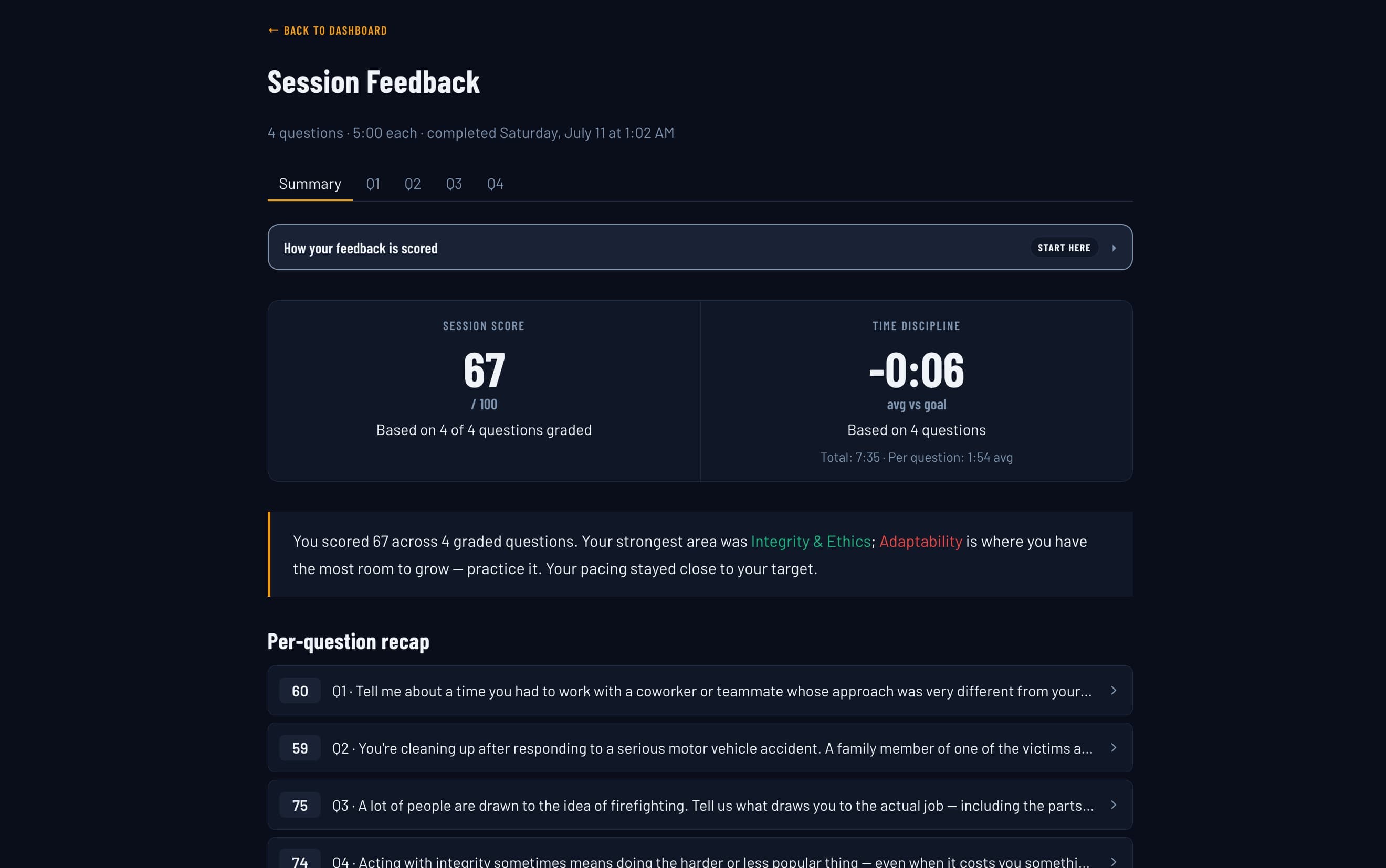 First Call session feedback with scores and competency breakdown