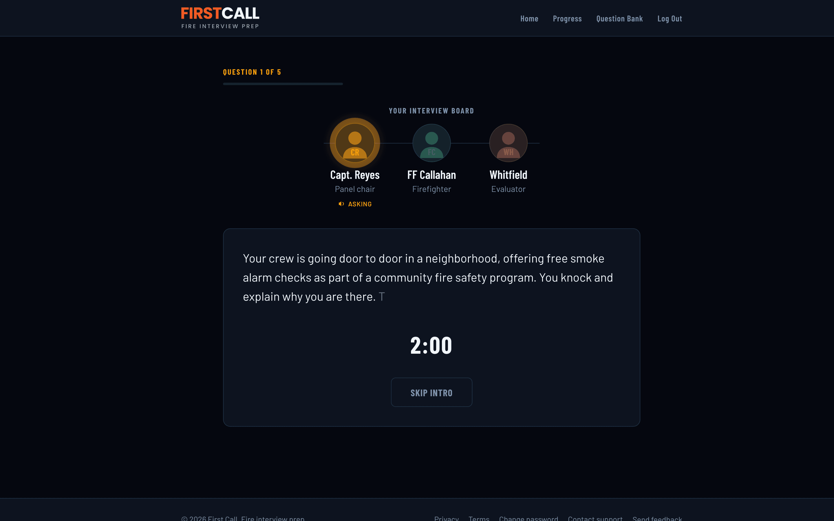 A First Call practice session with the oral board question on screen and the board members visible