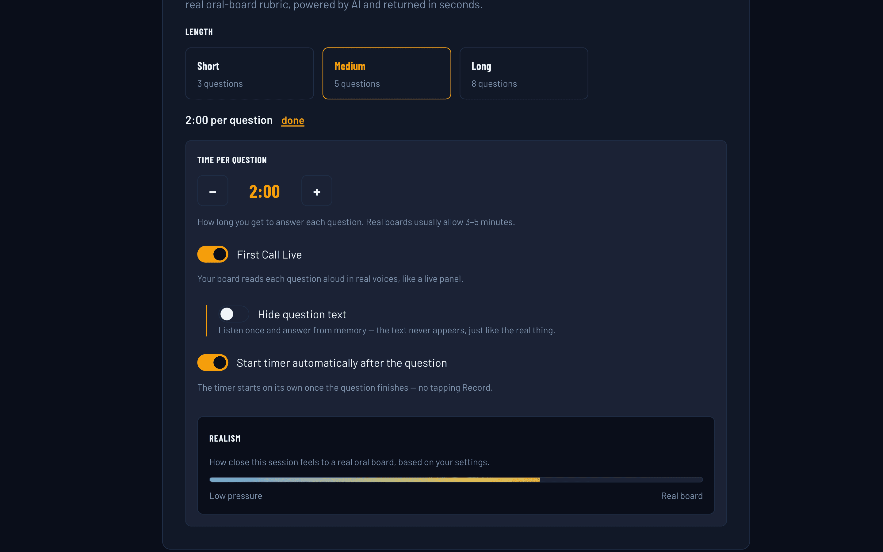 First Call session setup with session length options and the realism meter